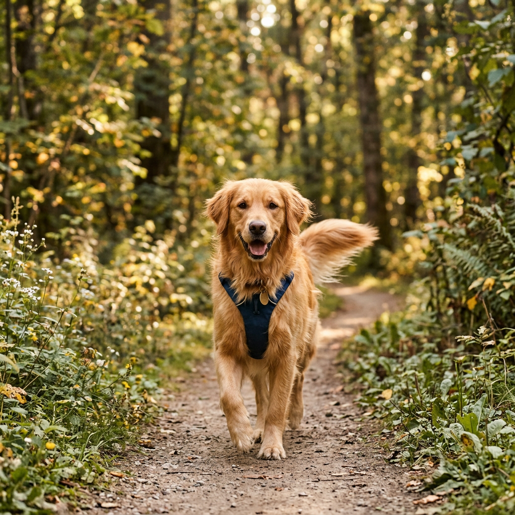 Golden retriever with blue harness walking on a dirt path in a forest